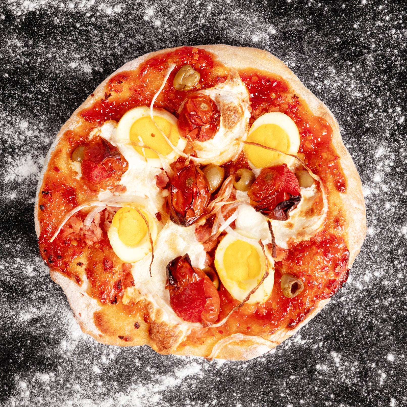 Spicy Pizza Portuguesa with Eggs, Ham & Olives